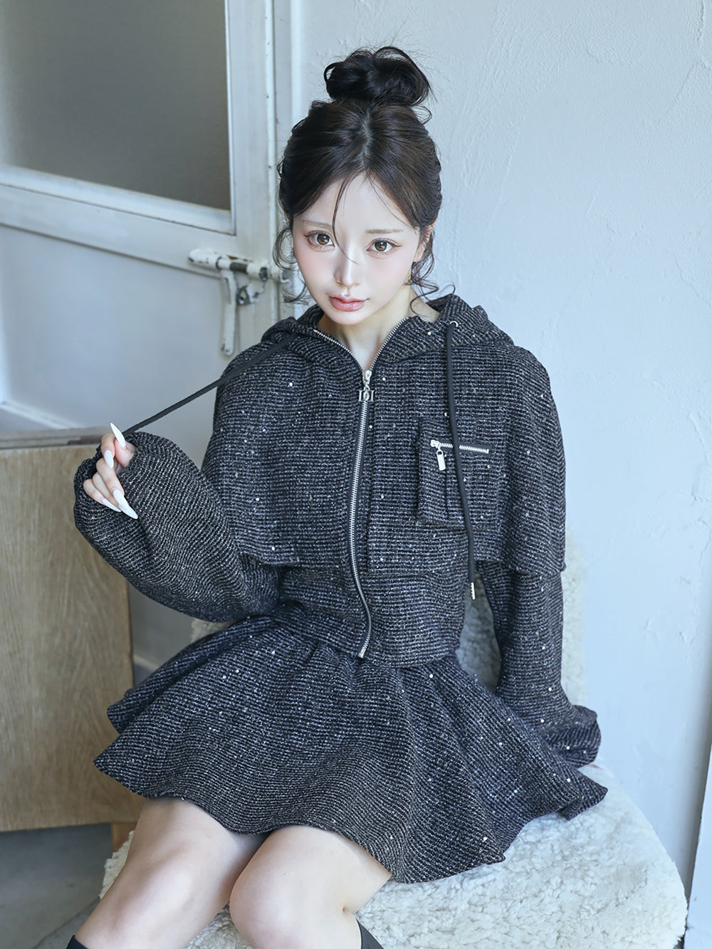 モデル：158cm（着用サイズ：FREE　着用カラー：BLK）