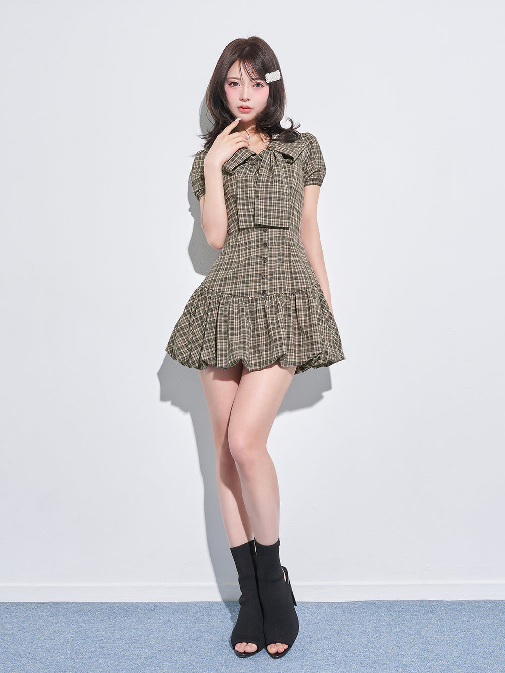 ビッグリボンバルーンチェックミニワンピース – Darich (ダーリッチ)