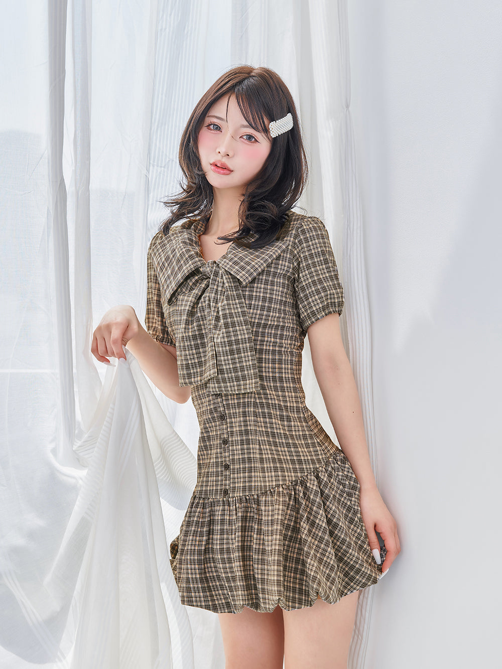 Darich ビッグリボンバルーンチェックミニワンピース ブラック FLサイズ ビッグリボンバルーンチェックミニワンピース – Darich (ダーリッチ)