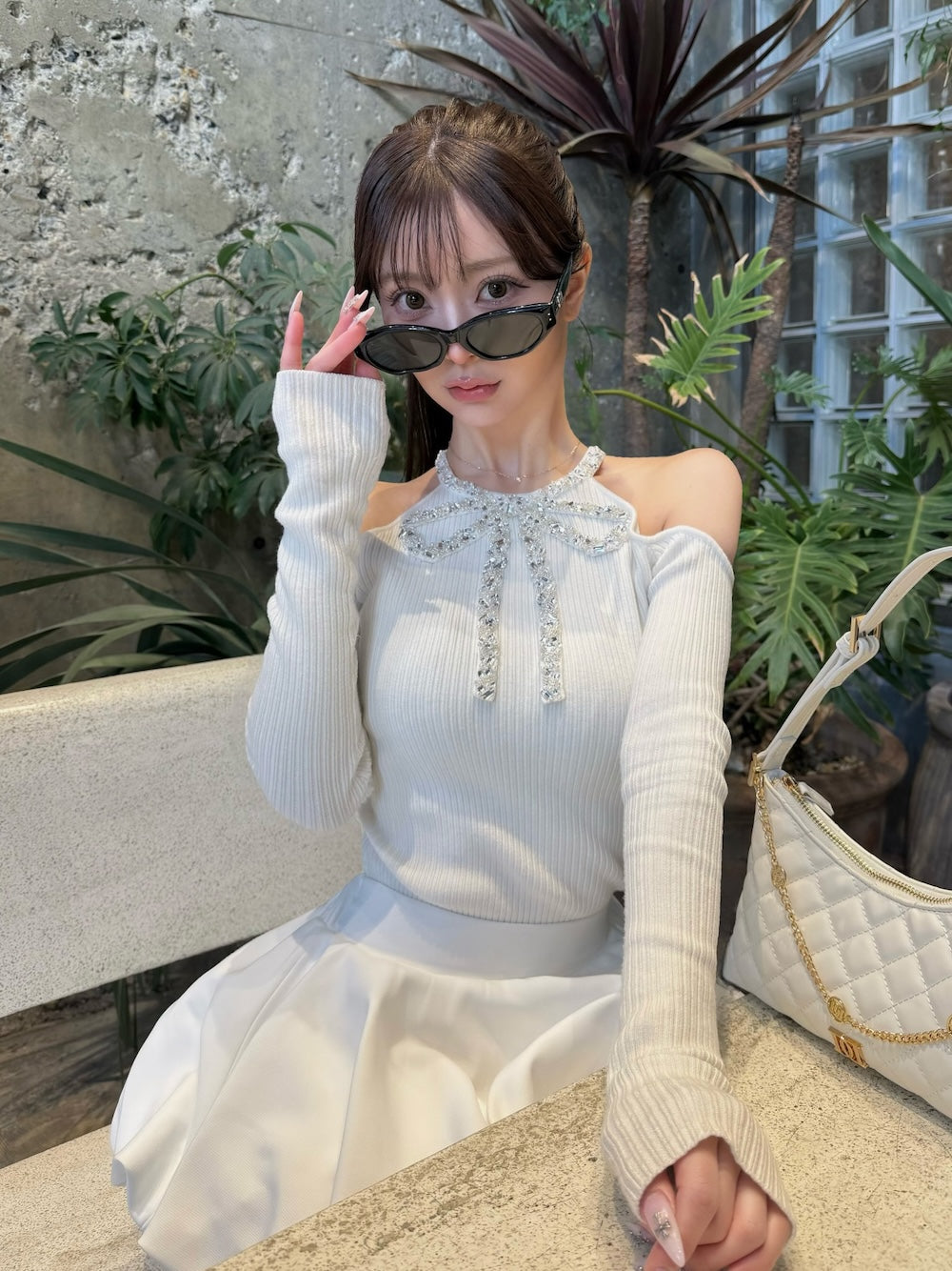 リボンビジューアメスリニットトップス – Darich