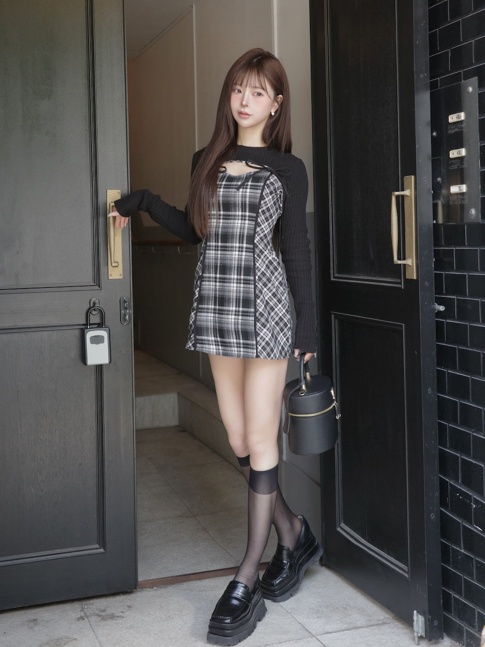 ニットボレロダブルチェックミニワンピース – Darich
