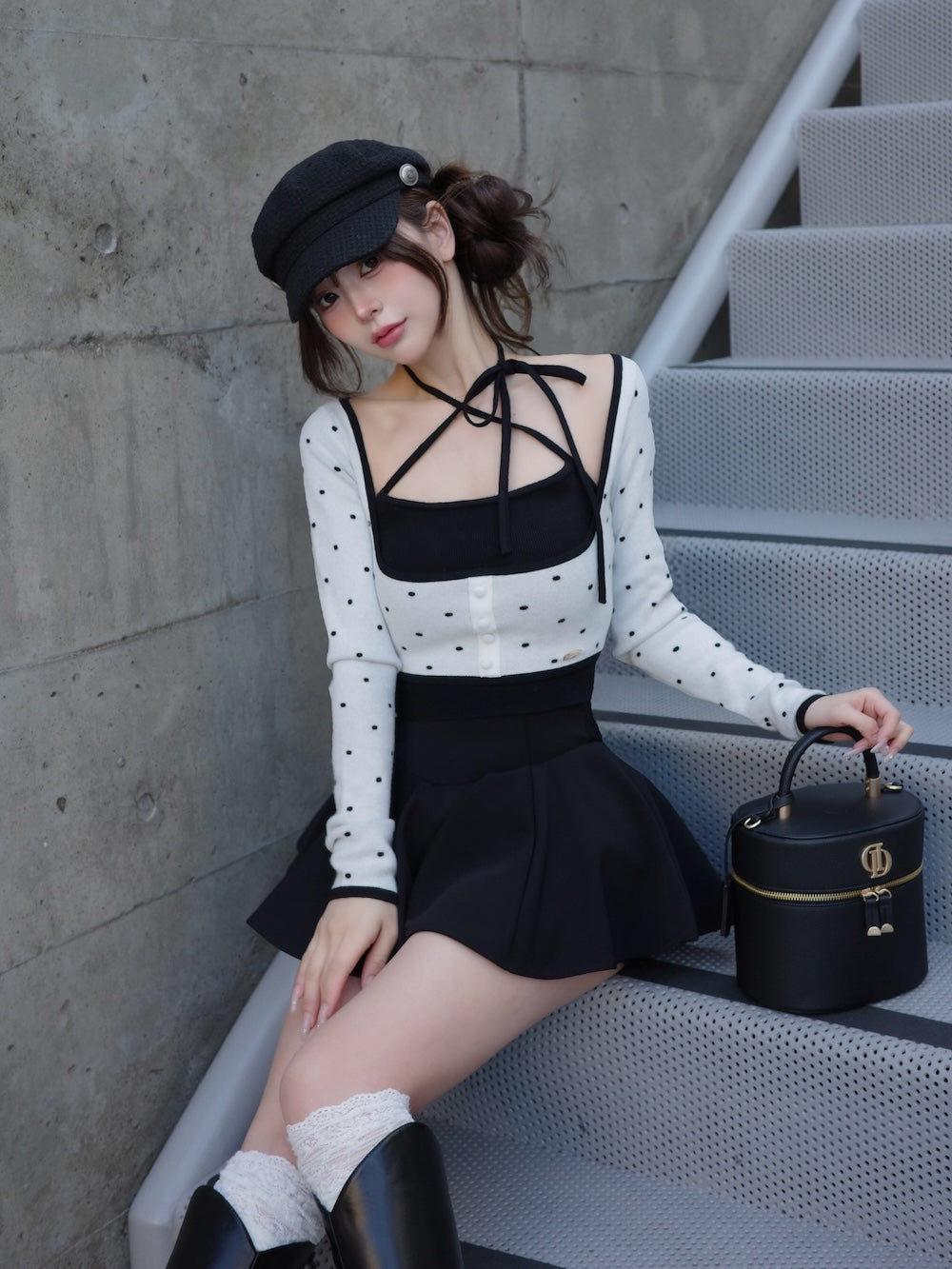 Darich ネックリボンドットニットアンサンブル【white】 ネックリボンドットニットアンサンブル – Darich