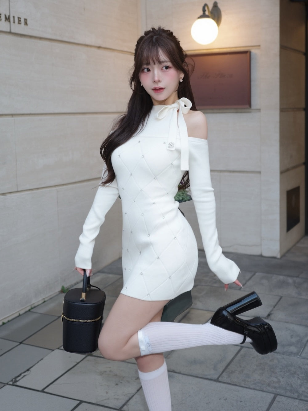 キルティングビジューニットミニワンピース