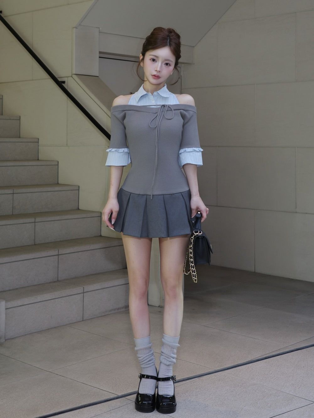シャツドッキングオフショルプリーツミニワンピース – Darich