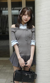 シャツドッキングオフショルプリーツミニワンピース – Darich
