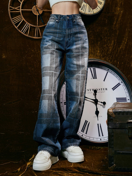 Block Check Wide Denim Pants