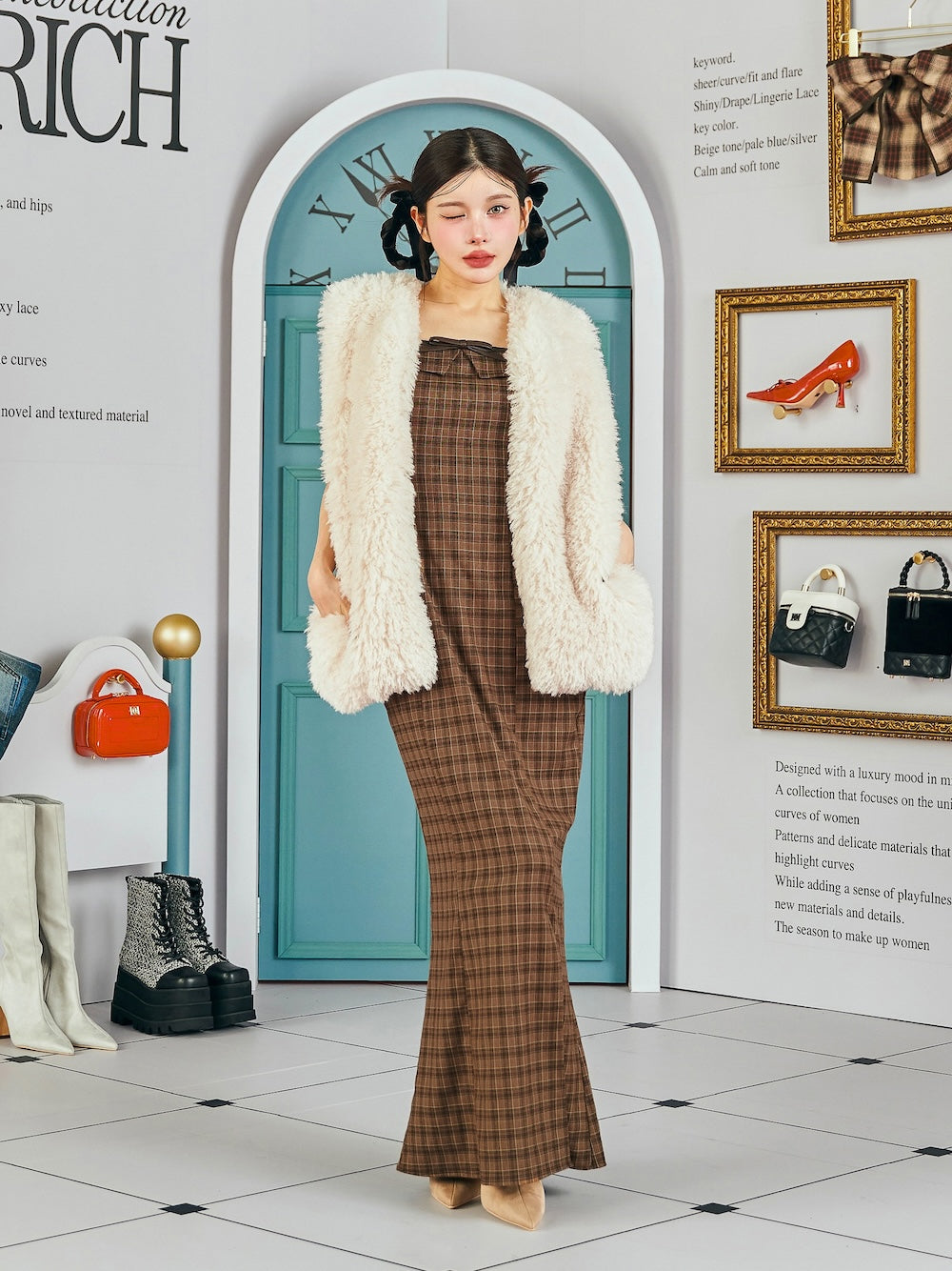 レザーリボンチェックロングワンピース – Darich