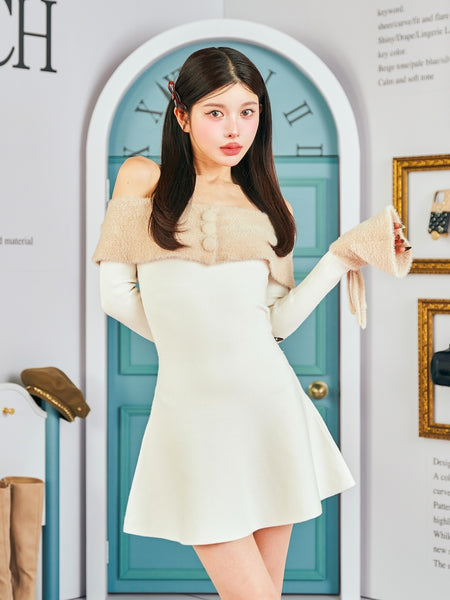 Off-Shoulder Shaggy Knit Mini Dress