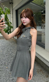 Pleated Knit Mini Dress with Neck Ribbon